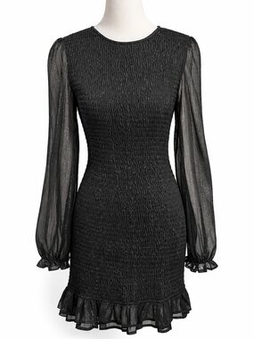Idem Ditto Black Smocked Mini Dress Sheer Sleeve Stretch Keyhole S Goth Chic